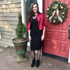 Styling Little Black Dress for Holiday Party with Cranberry Blazer